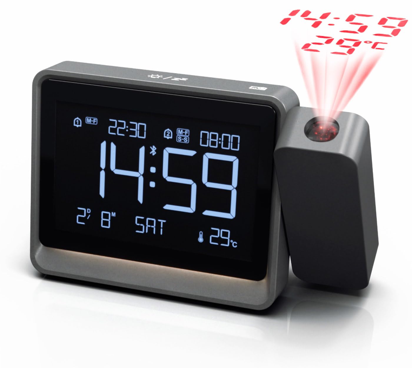Reloj de Proyección Digital con Ajuste de Enfoque para Dormitorio - Proyector Giratorio de 180°, Sincro de Hora por Bluetooth, Alarmas Dobles, Fecha, Temperatura, Atenuador 4 Niveles, Snooze
