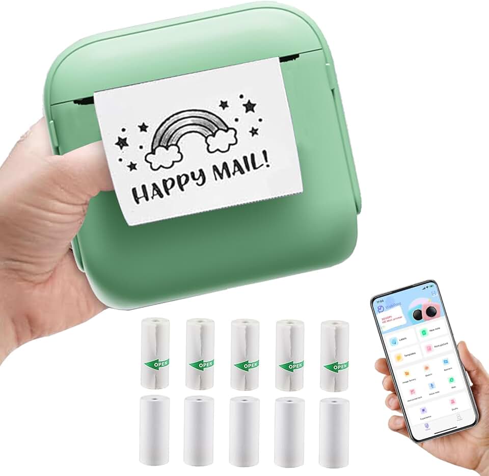 Mini Impressora Térmica Portátil Bluetooth, Verde, com USB, Sem Fio, 10 Bobinas Inclusas