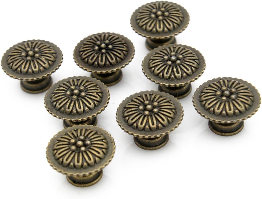 LXZ 8 PCs Vintage Knob Handles with Distressed Antique Brass Finish –Small knob Pulls, Diameter 1.1-in (28.5 mm) Height 0.9-in (23 mm)