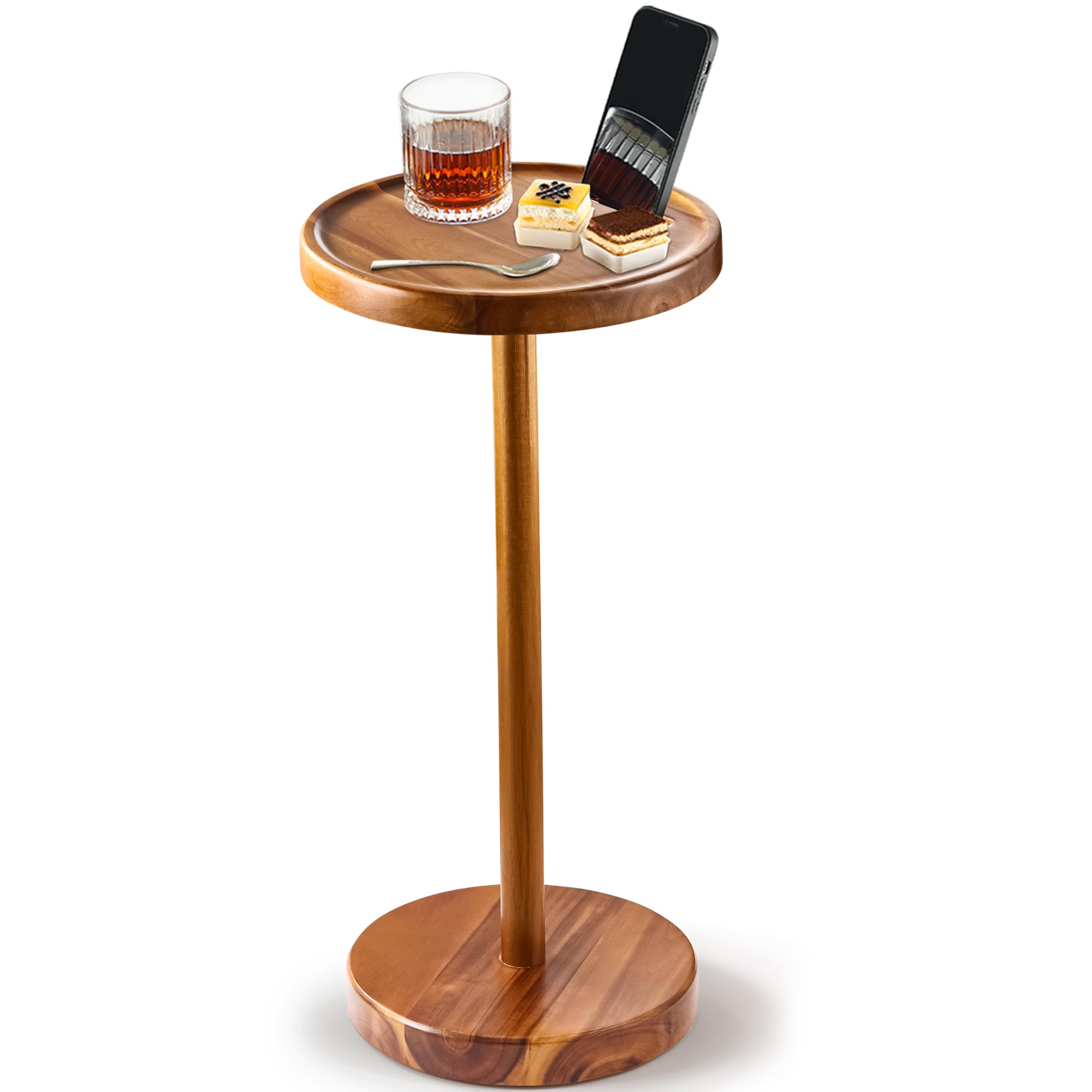 BLUEWEST Mesa auxiliar compacta de 24.4 pulgadas de alto con ranura para teléfono y base pesada, mesa de pedestal duradera para sala de estar (Acacia, base individual)