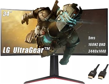 LG 34 inch Ultragear Curved Gaming Monitor, 160Hz, 5ms, QHD 219 3440x1440 VA with HDR 10 Compatibility, AMD FreeSync Premium, Black, with 5ave HDMI Cable