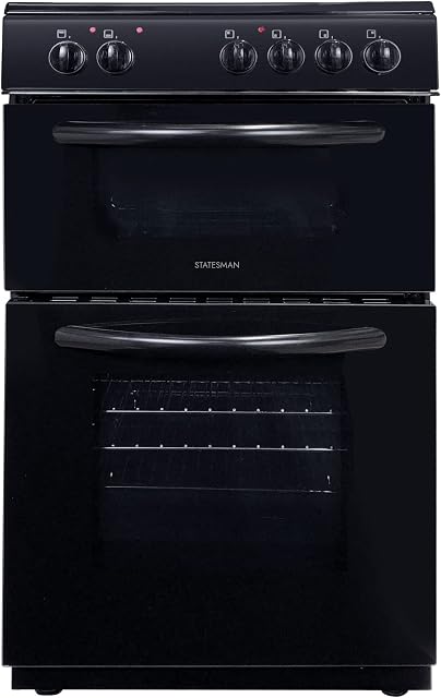 Statesman EDC50B Fan Assisted Double Oven Electric Cooker, 4 Zone Ceramic Hob, Integrated Grill, 50cm Wide, Double Glazed Door, 1 Deep Tray with Wired Chrome Grid, Black