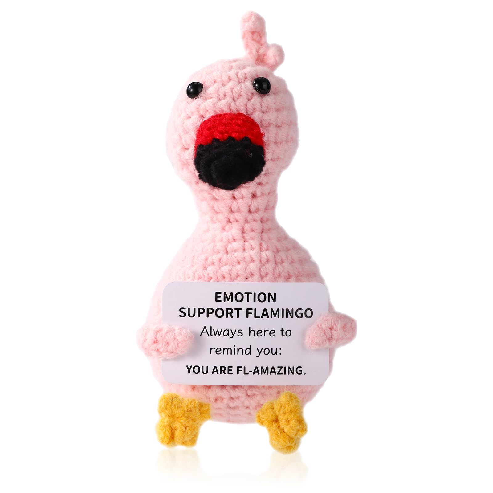 TOYMIS Positive Crochet Flamingo, 3.5 Inch Funny Knitted Flamingo with Encouraging Card Positive Support Doll Crochet Animals Emotional Gift for