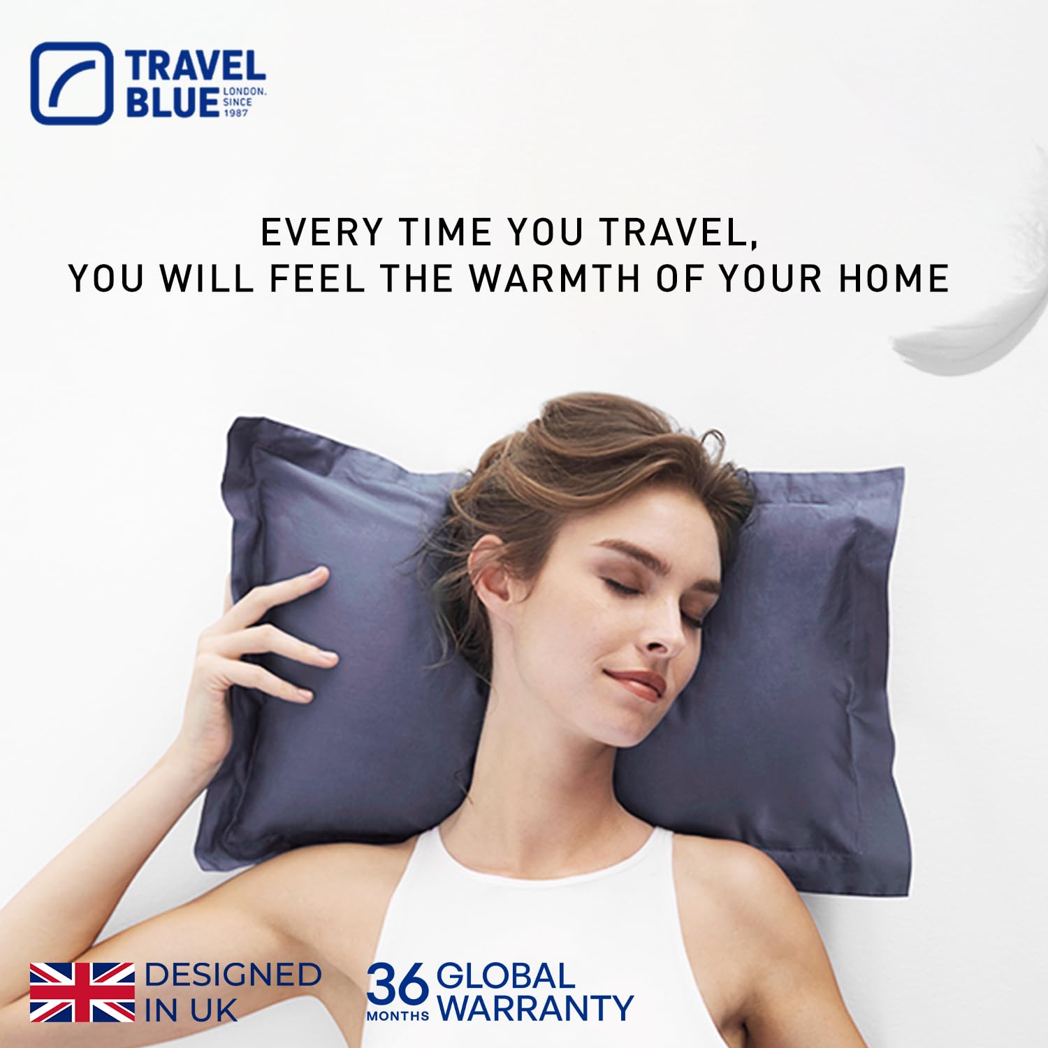 Travel Blue Almohada de Plumas Plegable para Cuello - Almohada Suave y Ergonómica con Plumas de Pato y Plumón de Ganso para Viajar - Ideal para Avión, Coche, Tren y Autobús - 50 cm, Azul