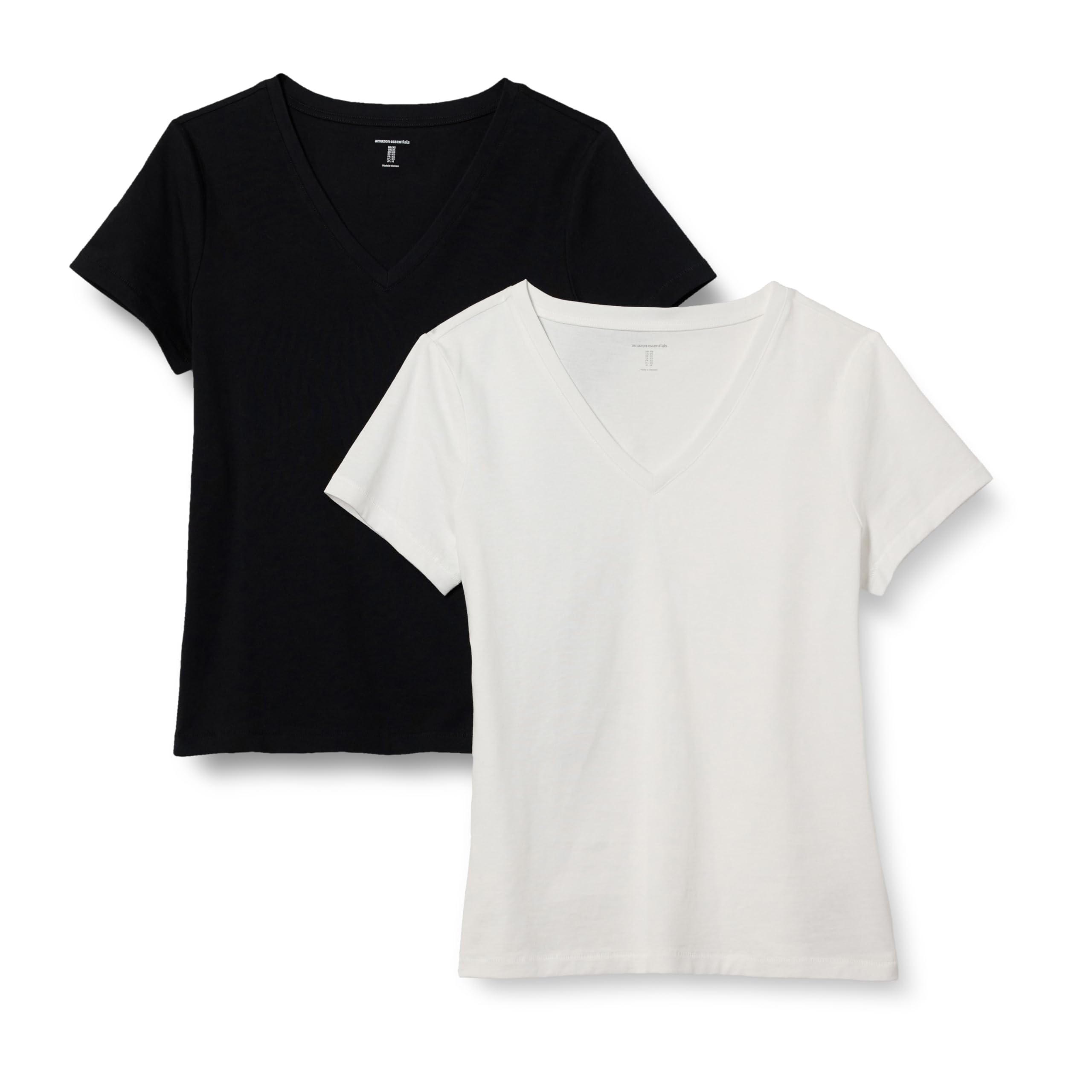 Amazon Essentials Women's Regular Fit 100% Cotton V-Neck Short Sleeve T-Shirt, Pack of 2, Black/White, XX-Small