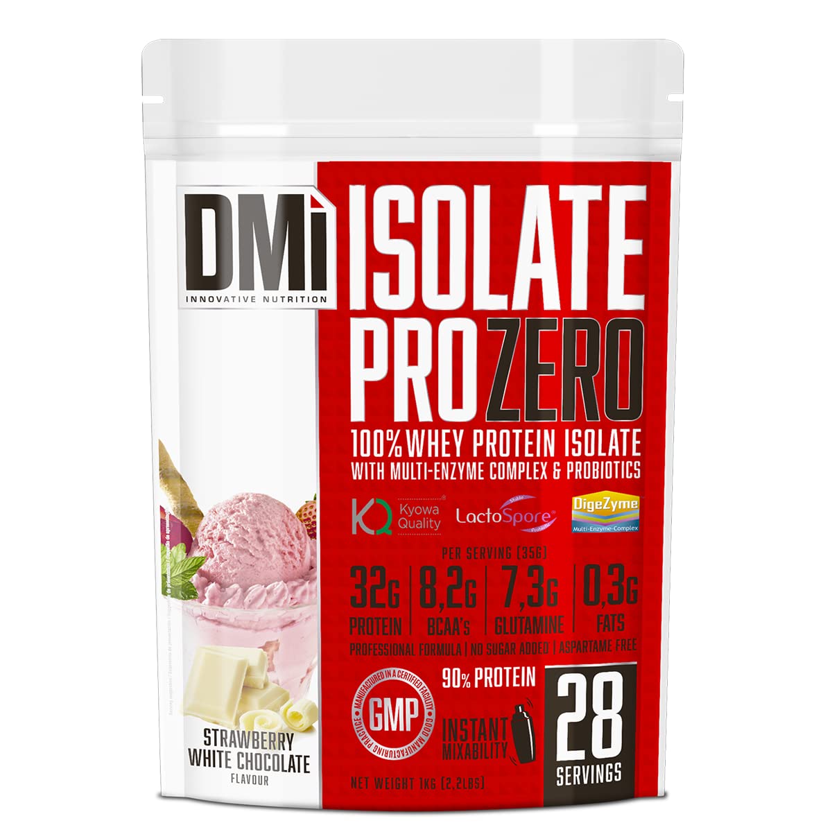 DMI Proteína ISOLATE PRO ZERO-Proteína para Recuperación y Desarrollo Muscular - 100% Aislado de proteína de suero con DigeZyme® y LactoSpore - Sin Azúcares Añadidos (1 Kg, Strawberry White Chocolate)