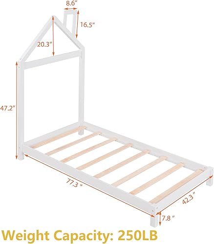 Miniatura 2 de Marco de cama individual para niños, marcos de cama con cabecero y listones, plataforma de madera con cabecera en forma de casa, cama de tamaño