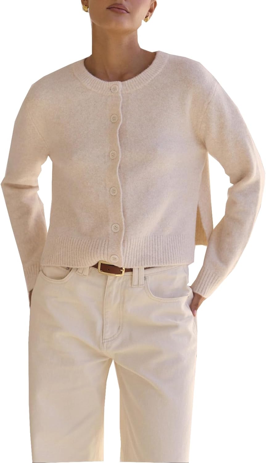 Womens Casual Button Down Knitted Tops Solid Long Sleeve Sweater Cardigans Crew Neck Side Split Fall Tees - Image 3