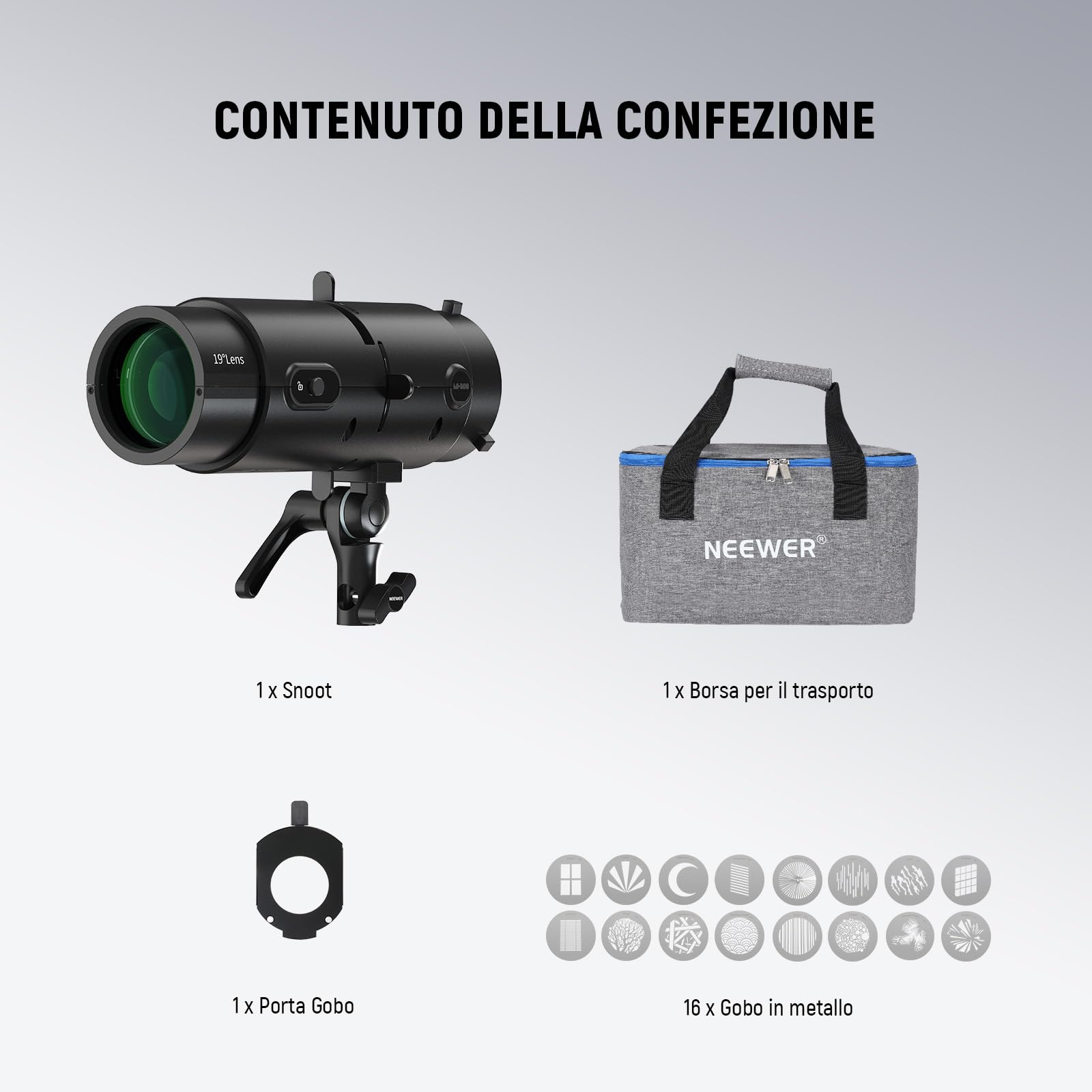NEEWER LS-300 Snoot Ottico Spotlight per Luci Video LED Bowens da 300W con 16x Gobo Lente di Proiezione 19° Trasmissione Luce al 98% Forma Geometrica per Fotografia Creativa e Illuminazione Migliorata