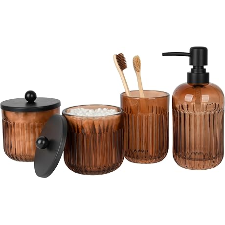 4-Piece Bathroom Accessory Set with Amber Glass Toothbrush Holder