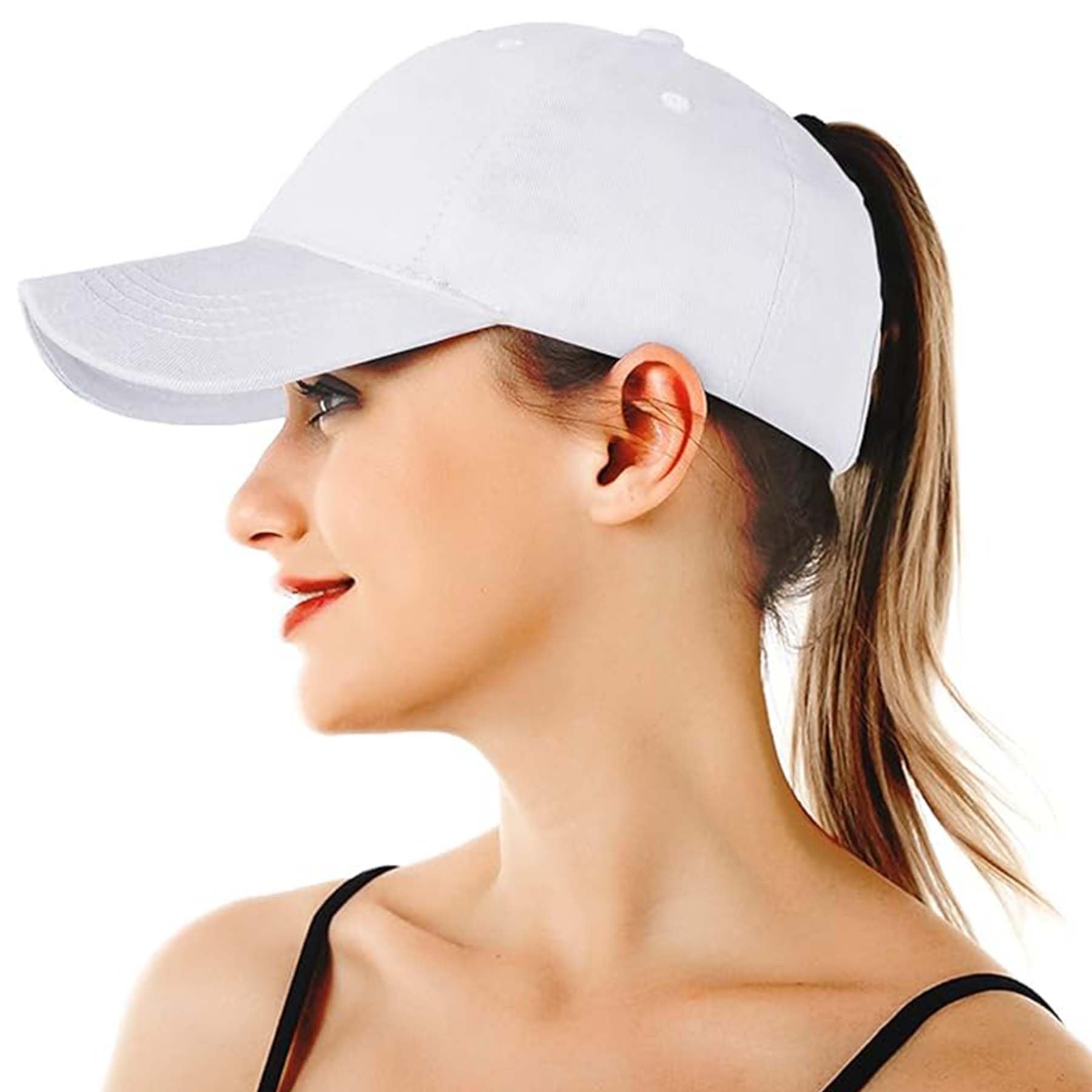 BLURBE Ponytail Baseball Cap - Mesh Cap Classic Plain Hat, Sun Messy High Bun Cap Adjustable Pony Caps, Sports Casual Trucker Hats Cap for Women White