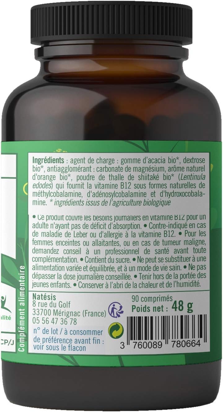 Natésis Vitamine B12 Bio & Vegan – Issue du Shiitaké – Formes naturelles Méthyl + Adénosyl + Hydroxy – 10 µg/jour – Certifiée Ecocert & V-Label – 90 Comprimés