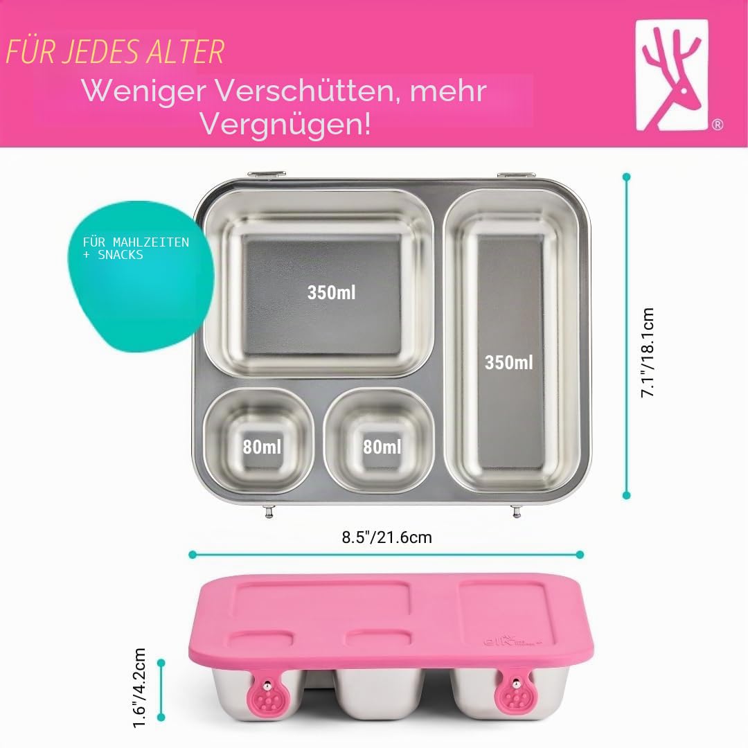 Elk and Friends Kinder Bento-Box aus Edelstahl mit Silikondeckel | Auslaufsicher | Brotdose für Kleinkinder | 4 Fächer | Spülmaschinenfest