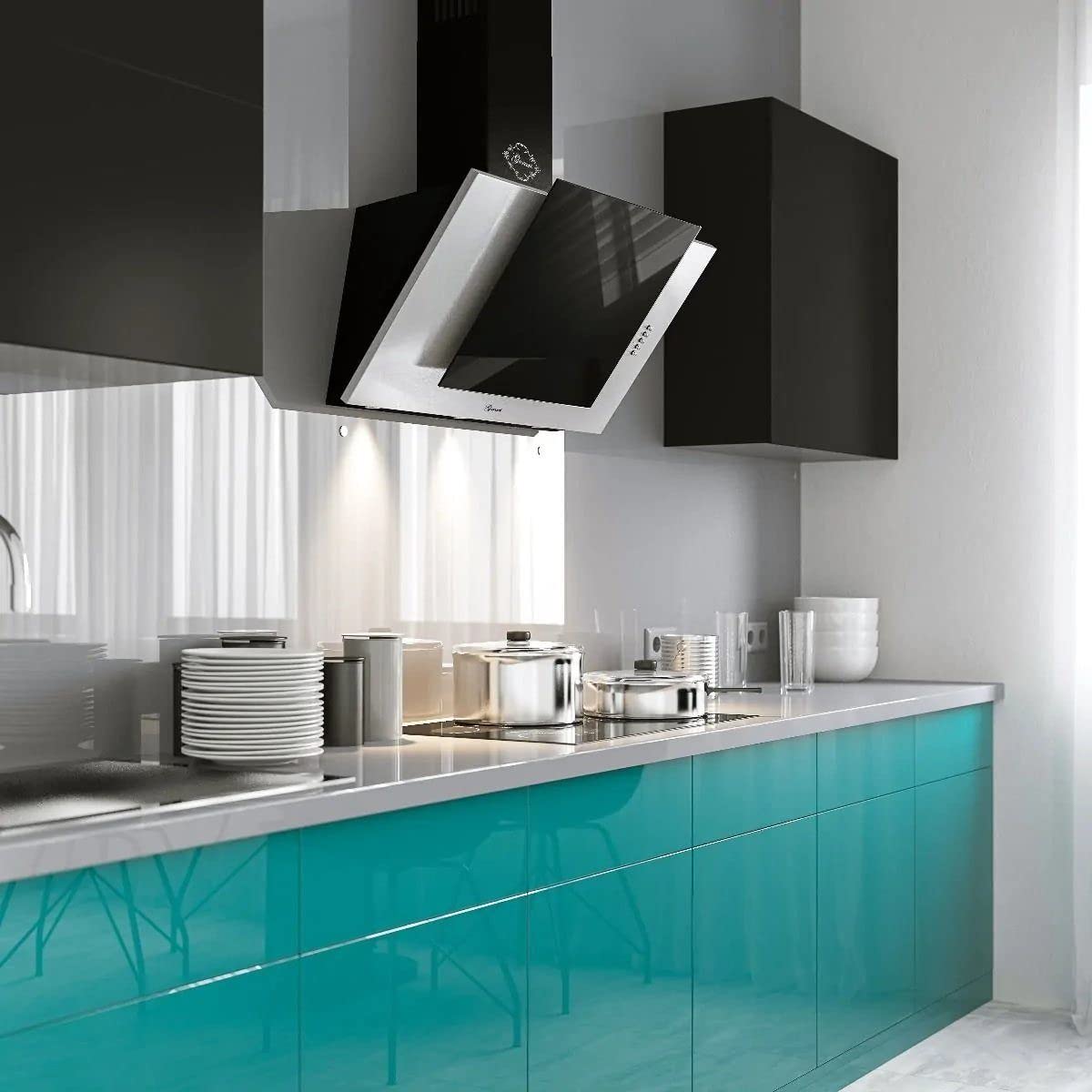 GURARI Cappa da cucina a testa libera 482 50 IS, cappa aspirante 50cm 1000 m³/h Acciaio inossidabile Vetro nero