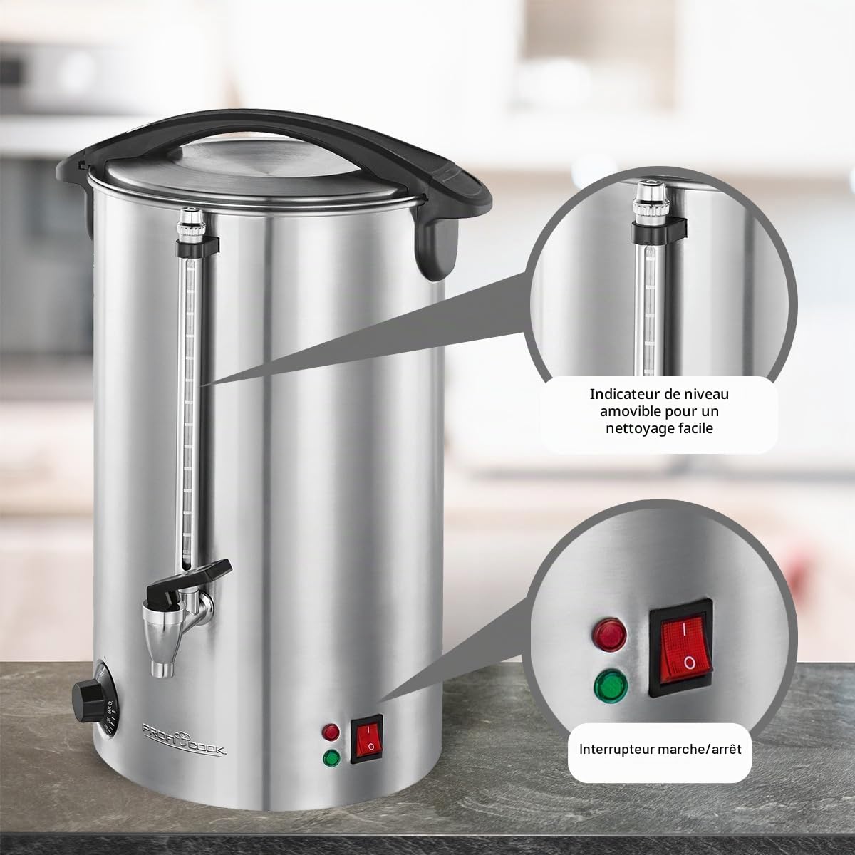 PROFI COOK PC-HGA1111 - Distributeur de boissons chaudes et/ou vin chaud - Capacité 16 litres - 1500 Watts - Contrôle électronique de la Température - Couleur Argent
