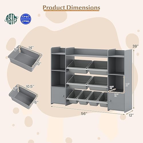 Miniatura 3 de HONEY JOY Organizador de almacenamiento de juguetes para niños, armario de almacenamiento de piso de madera con 8 contenedores extraíbles, estante