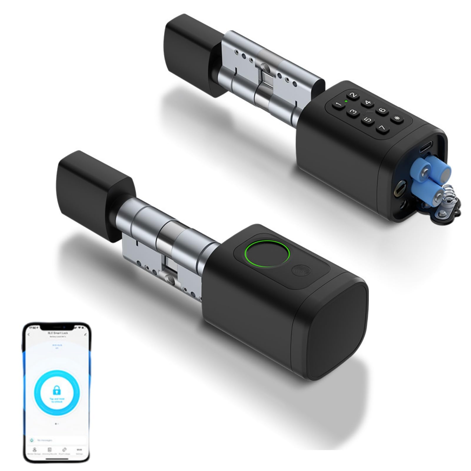 Serratura con impronte digitali, 5 in 1 Serratura intelligente con codice numerico RFID e chiave APP, Serratura elettronica per porte d'ingresso, Cilindro di chiusura regolabile 60-90mm