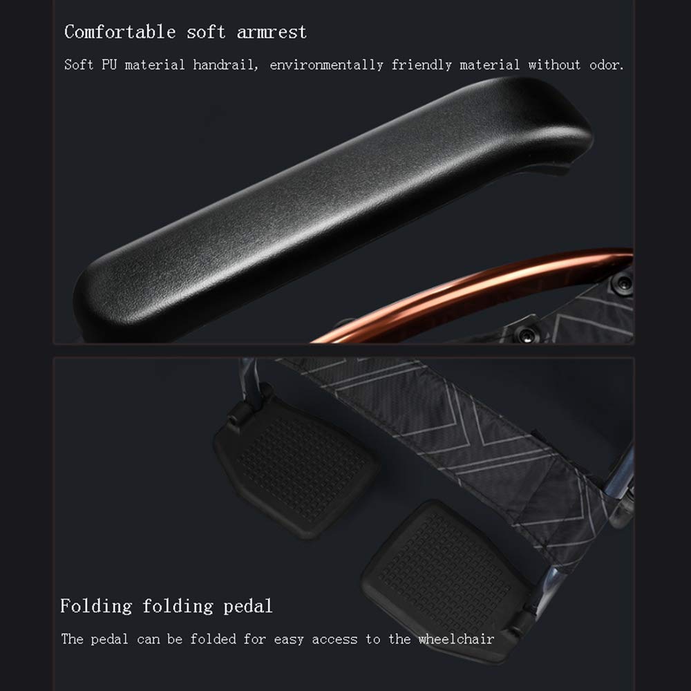 Silla de ruedas manual ligera y plegable para personas mayores, con brazos hasta el escritorio y reposapiernas abatibles, para adultos
