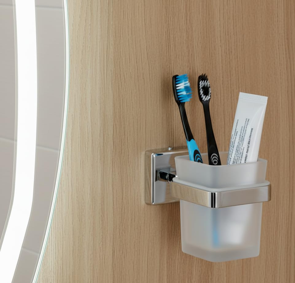 Image of 304 Stainless Steel Frosted Glass Tumbler Holder | Wall Mounted Toothbrush Holder with Frosted Glass Cup | Rust Proof Bathroom Toothbrush Stand | Chrome Finish Bathroom Accessories (Square-27N)