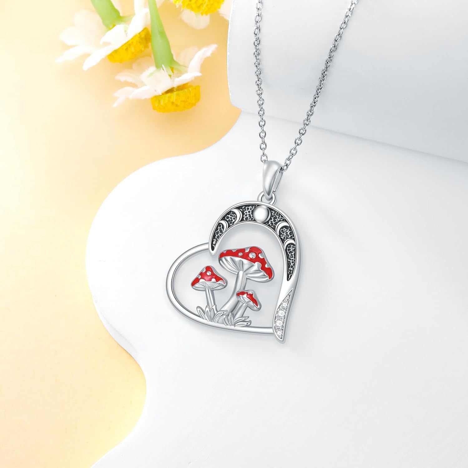 Mushroom Necklace for Women 925 Sterling Silver Magical Red Mushroom Heart Pendant Necklace Birthday Jewelry Gifts for Women - Image 3