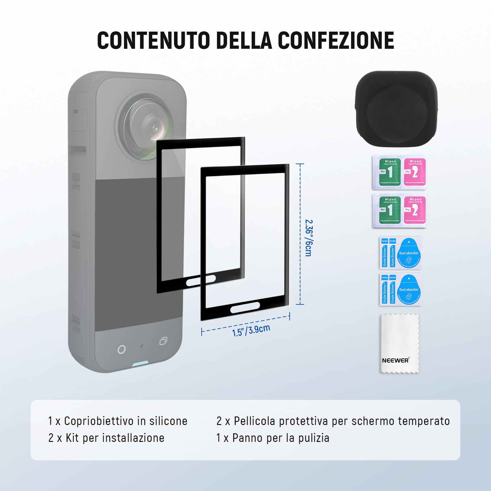 NEEWER Protezione per Schermo/Lente Compatibile con Insta360 X5 X4 Action Cam, Pellicola Protettiva per Schermo Temperato (2pz), Cap Custodia Protettiva in Silicone e Kit Accessori di Ricambio, CA156