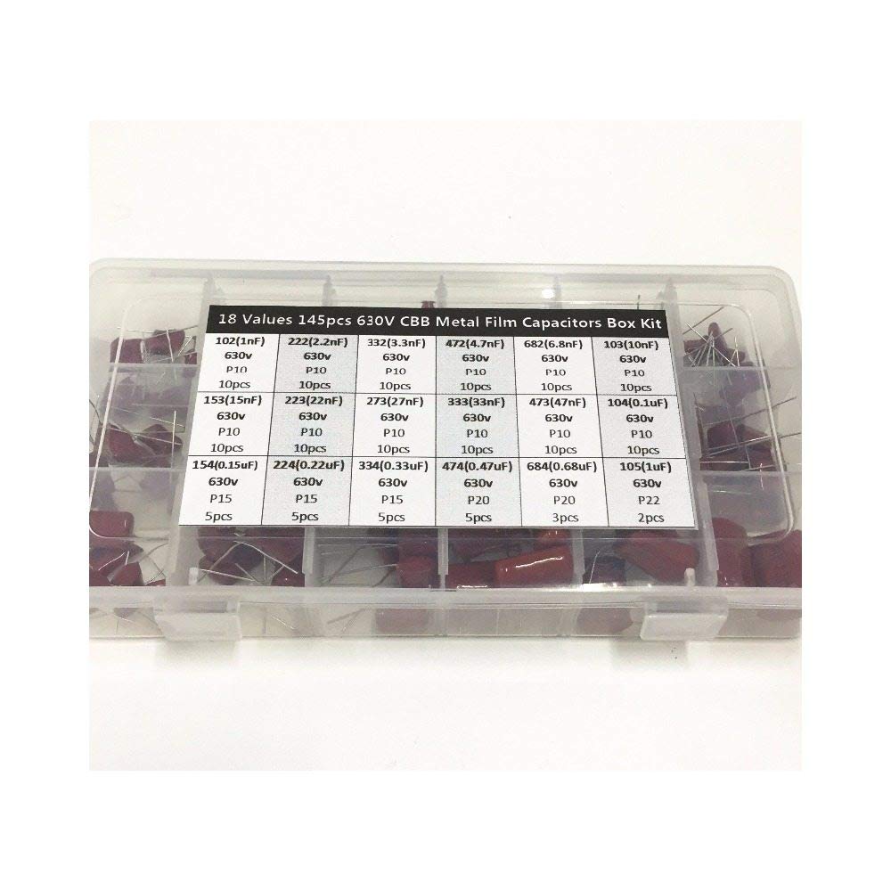 Accesorios electrónicos 18valores 145pcs 630V 1nF~1uF CBB Capacitadores de película metálica Surtido Kit Caja Dispositivos electrónicos