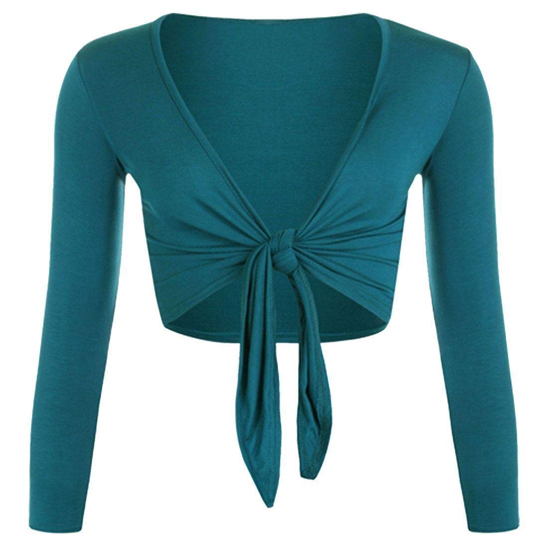 Fashion's island Ladies Women Tie Up Front Front Long Sleeve Plain Bolero Shrug Cropped Cardigan Teal