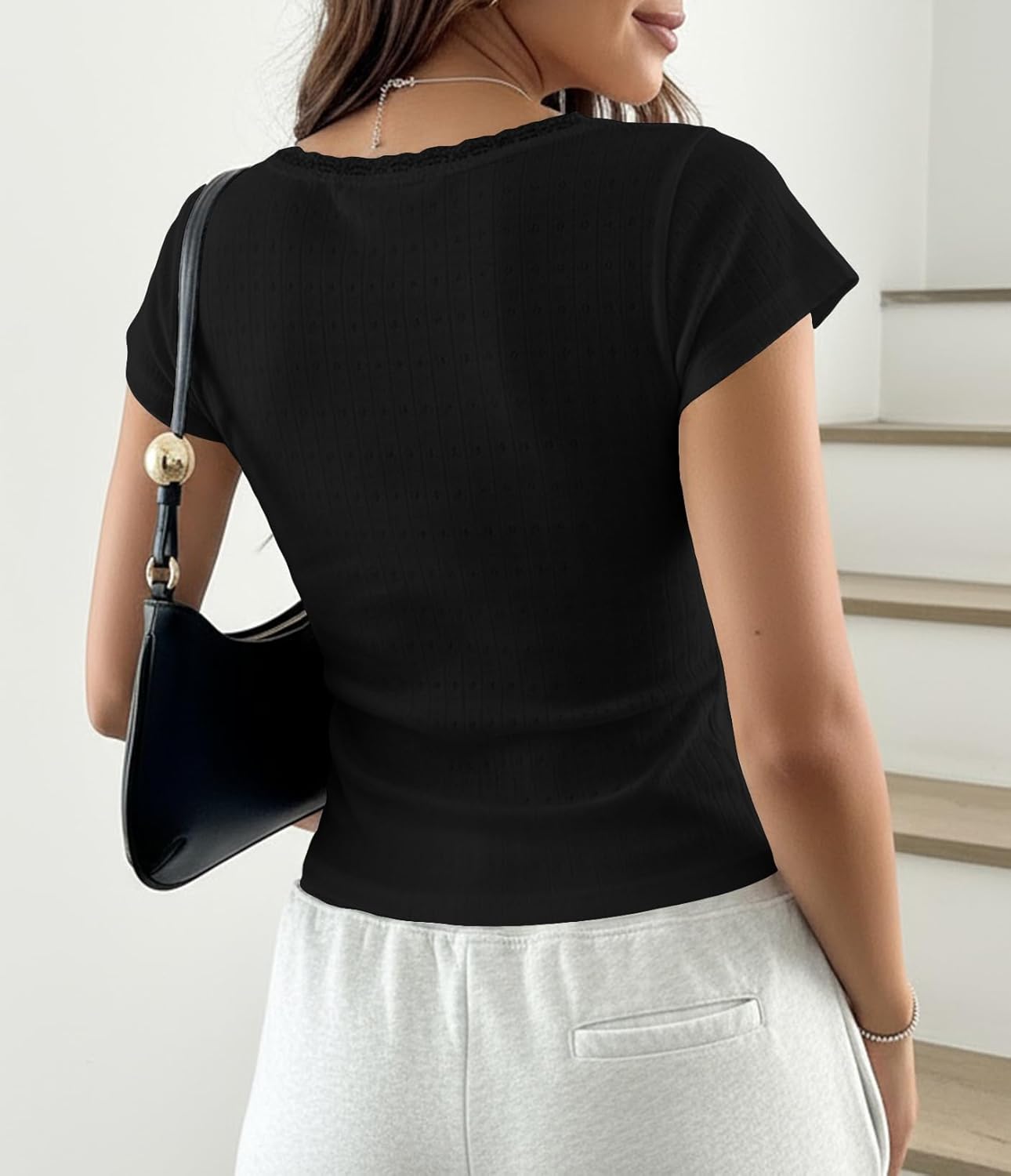 Women Y2k Lace Trim Scoop Neck Short Sleeve Henley Baby Tee Shirts Button Front Preppy Pointelle Fitted Crop Tops - Image 4