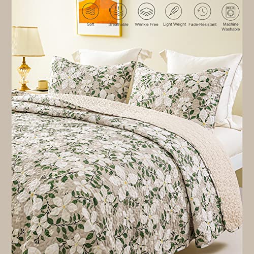 Whale Flotilla Reversible Floral Quilts Full Queen Size, Lightweight Boho Printed Bedspreads Coverlets Quilt Bedding Set with 2 Pillow Shams for All Seasons, White/Bone