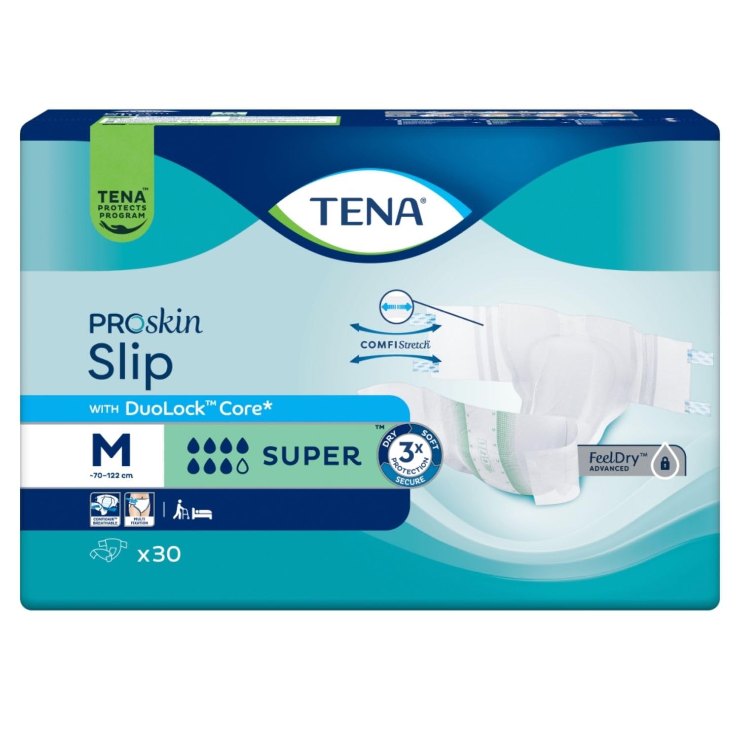 Erwachsene Windeln Klettverschluss 90pcs TENA Slip ProSkin Super M Inkontinenz Erwachsene Damen Herren Nacht Tag Saugfähigkeit 7/8, Umfang 70-122 cm (3 Packungen a 30 Stück)