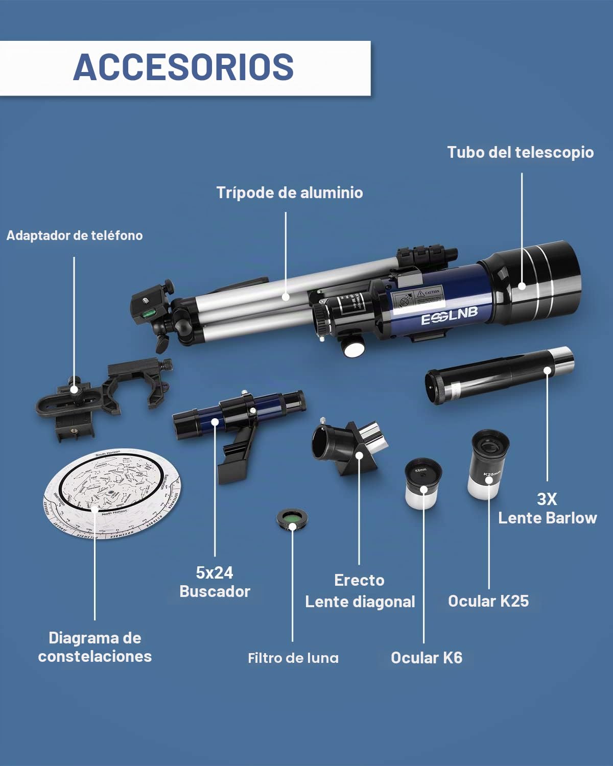 ESSLNB Telescopio 70mm 180X Telescopios Astronomicos con Ajustable Trípode Adaptador de Teléfono 3X Barlow Lente y Filtro de Luna