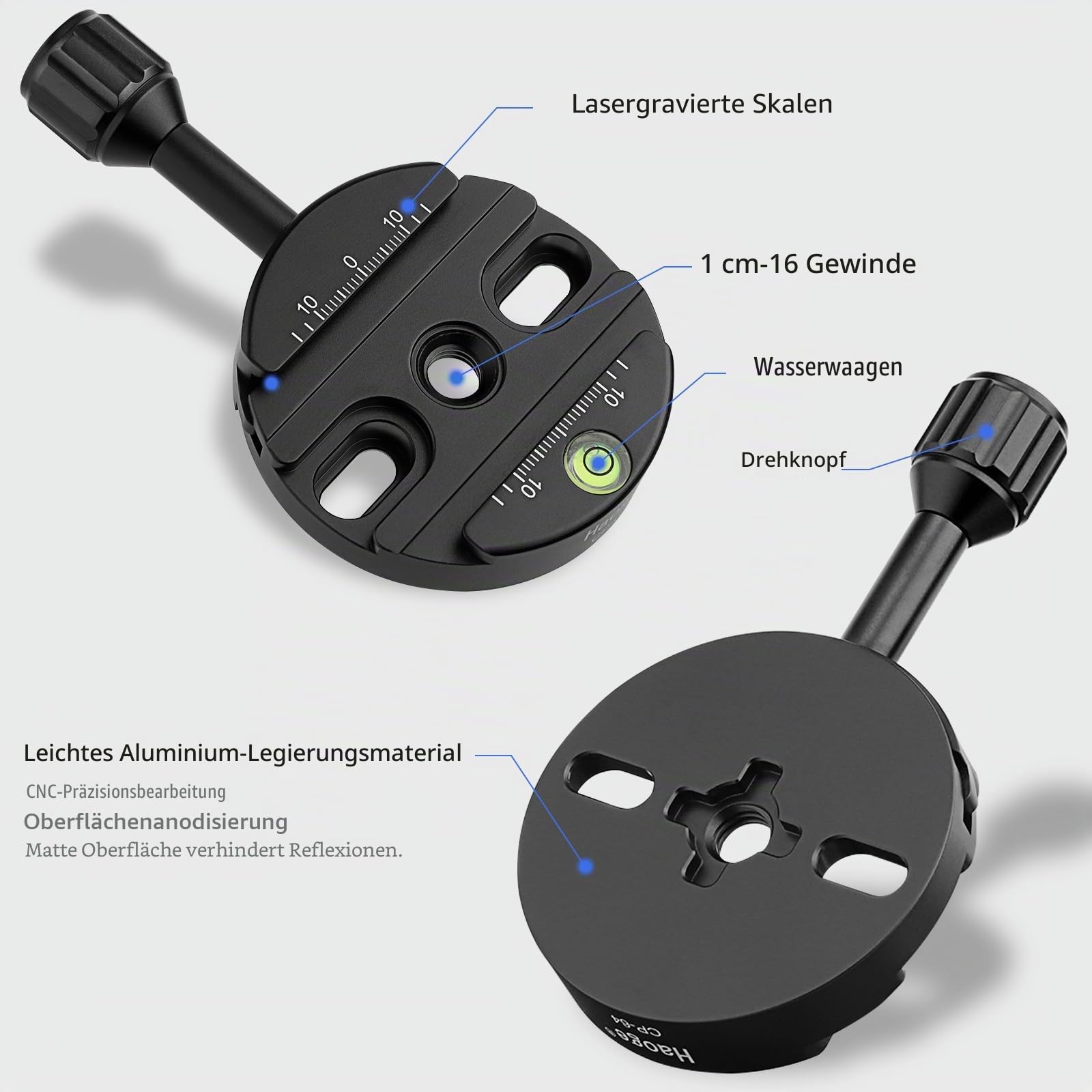 Haoge CP-64 64 mm Schraubknopf, Schnellspannklemme, Adapterhalterung für Schnellspanner, QR-Platte, Kamerastativ, Kugelkopf, Einbeinstativ, Kugelkopf, passend für Arca Swiss