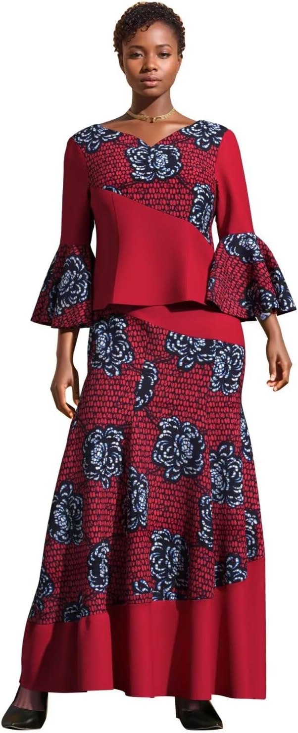 ABCWAX African Women's Dresses 2 Piece Tops and Skirts Ankara Traditional Printed Fabrics for Wedding Prom