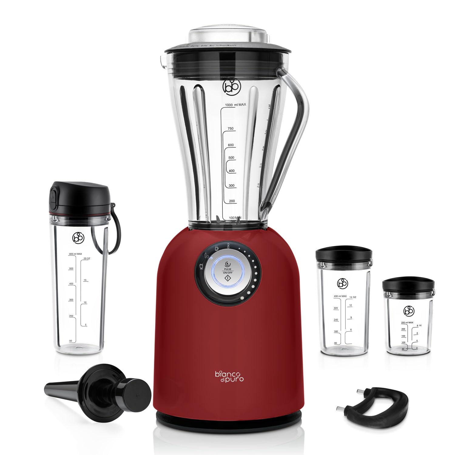 bianco di puro Hochleistungsmixer Attivo bis 24.500 U/Min Smoothie Maker inkl. Sport-To-Go Mixbecher, 3 Mixprogramme, 10 Mixstufen, 6 Edelstahlklingen, Stopfer, 1L Tritan-Kunststoff, BPA-frei