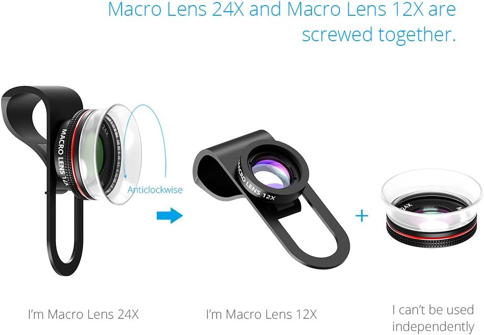 Diagram showing how to separate the 12X Macro lens from the 24X Super Macro lens by unscrewing counter-clockwise.