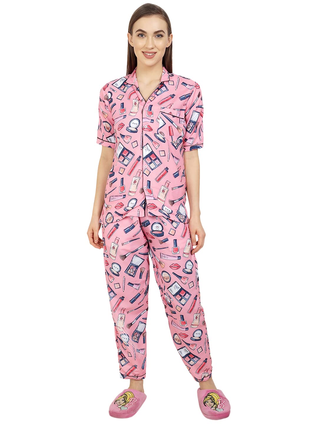 Unisex Printed Pink Night Suit Pyjama Set (Get Free Face Mask Inside) (pmw106)-image-25