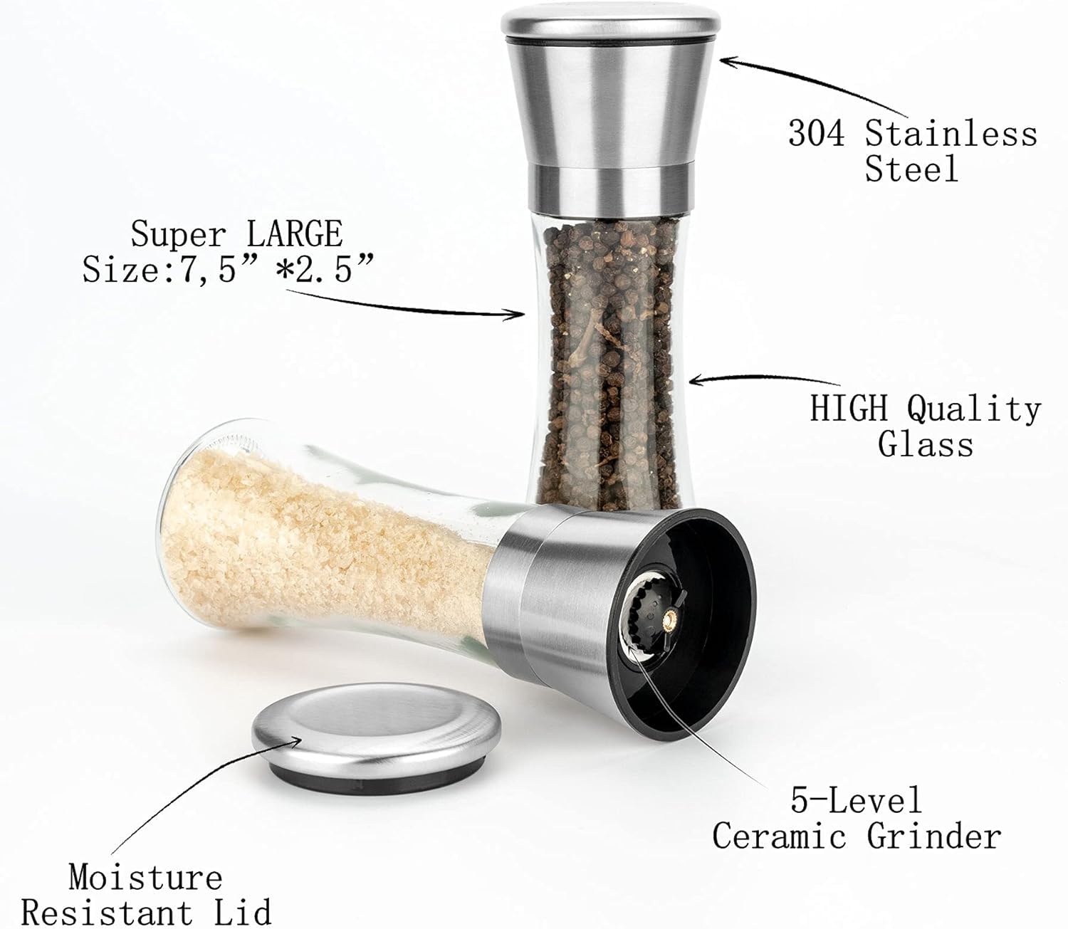 SKY35 Salt And Pepper Grinder Set - Premium Stainless Steel Sea Salt and Pepper Grinder Set of 2 - Adjustable Ceramic - Glass Salt and Pepper Shakers - Pepper Mill & Salt Mill W/Funnel