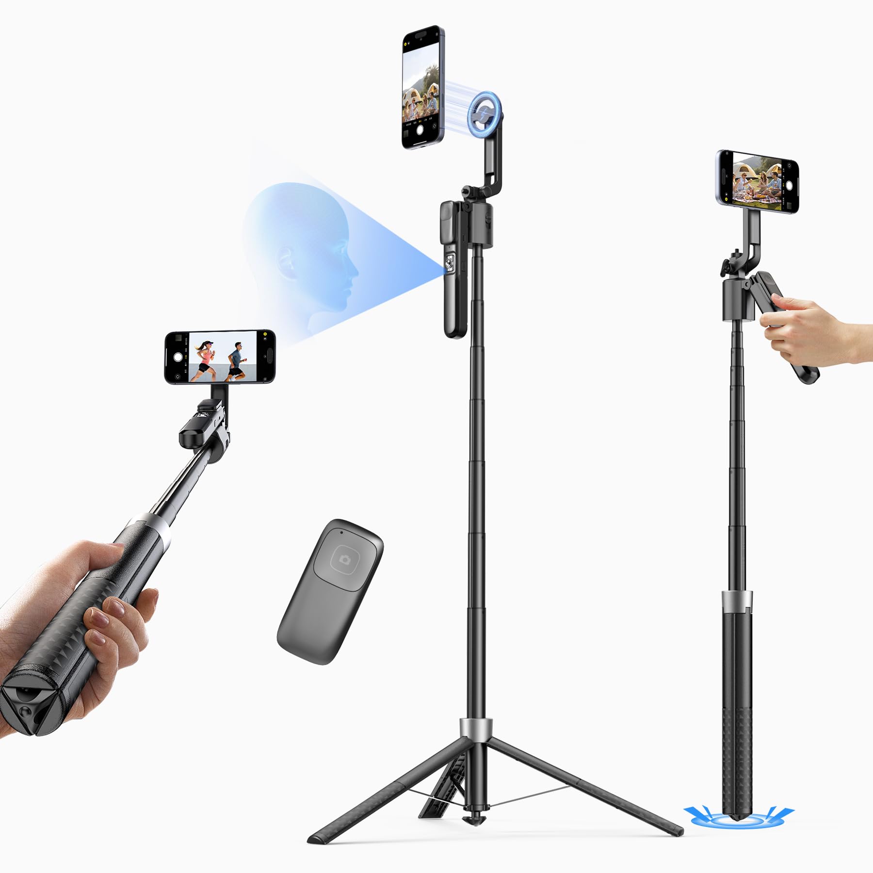 HMDMDN Magnetic Auto Face Tracking Tripod, 70.9” Magsafe Phone Tripod with 360° Rotation 5-Gesture Control