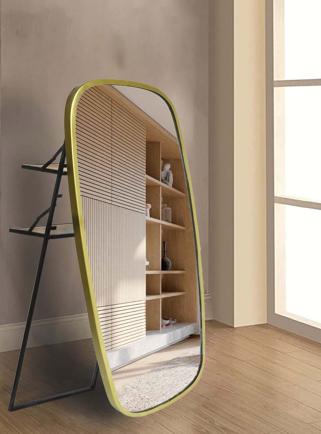 CORSICA DESIGNS 55x28 Oval Full Body Mirror for Living Room, Bedroom and Corner, Full Length Modern Mirror in Big Size, Saint Gobain Glass (Ohana Metal_Glam Gold_Freestanding_(55x28x12))
