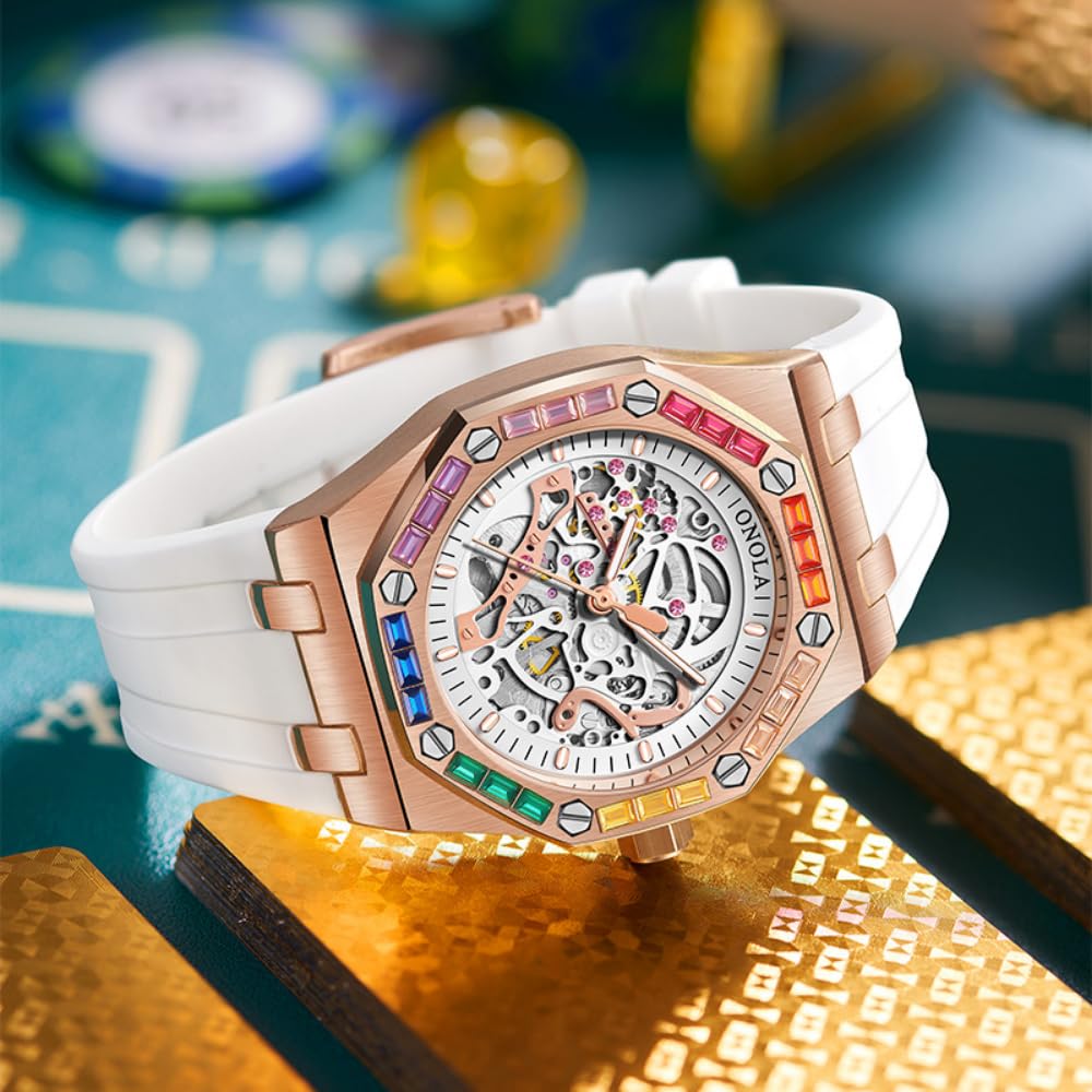 Reloj de pulsera para hombre, diseño de arco iris, con bisel de diamante, esqueleto hueco, automático, correa de silicona, impermeable, luminoso