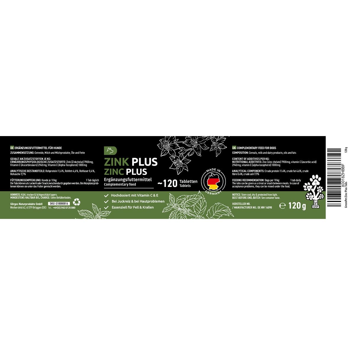 GreenPet Le Zinc pour Les Chiens 120 Tablets - Zinc Tablets Plus avec vitamines pour Peau sèche, Chien Qui démange, Perte de Poils, renforcement du système immunitaire, Changement de Pelage