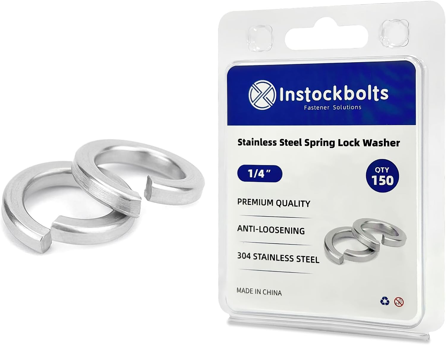 Instockbolt 1/4" Split Lock Washer, 18-8 (304) Stainless Steel Spring Lock Washer 150PCS