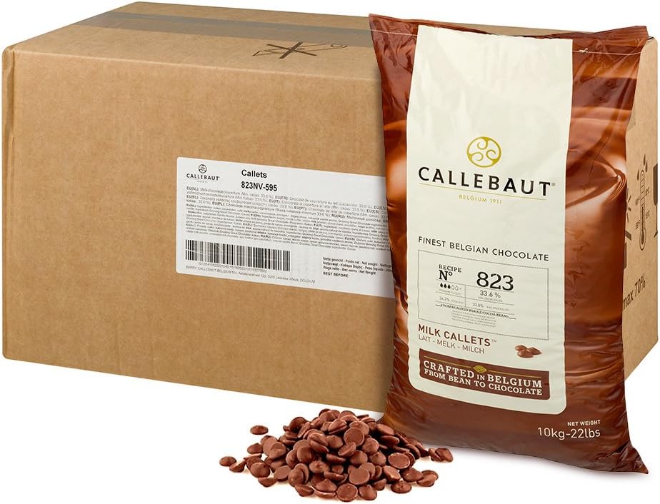 Callebaut 823 Milk Chocolate Callets - 44 LBS Belgian Baking Chocolate Callets - Min 30.2% Cocoa butter, 4.9% fat free cocoa, 6% Milk fat, 15.8% Fat free milk - Recipe 823NV-595 - 44 Lbs (20 kg)