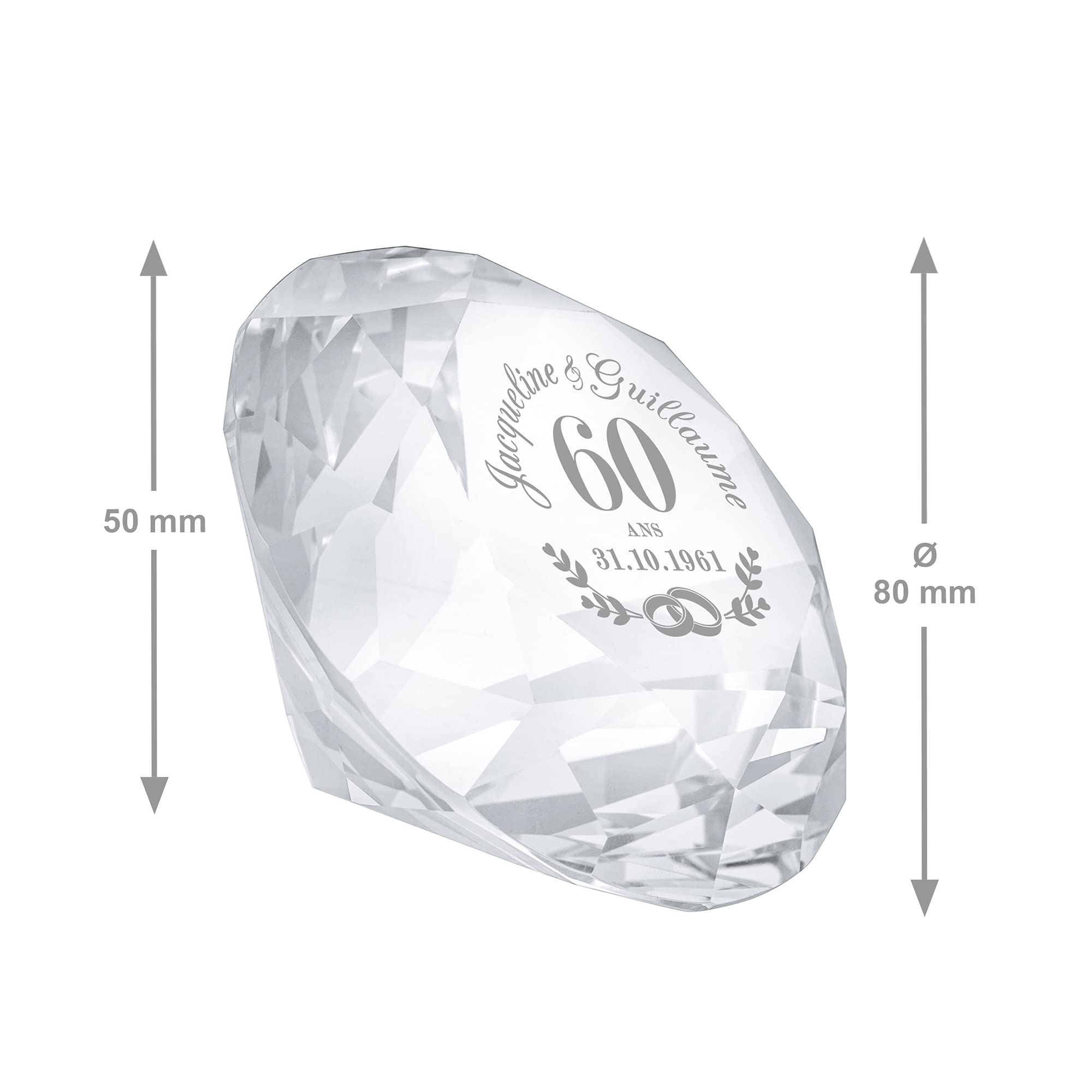 Casa Vivente Presse-Papier en Verre, Cristal en Forme de Diamant avec Gravure Personnalisée pour Les Noces de Diamant et Écrin, Idée Cadeau pour Le 60e Anniversaire de Mariage, Accessoires Décoratifs