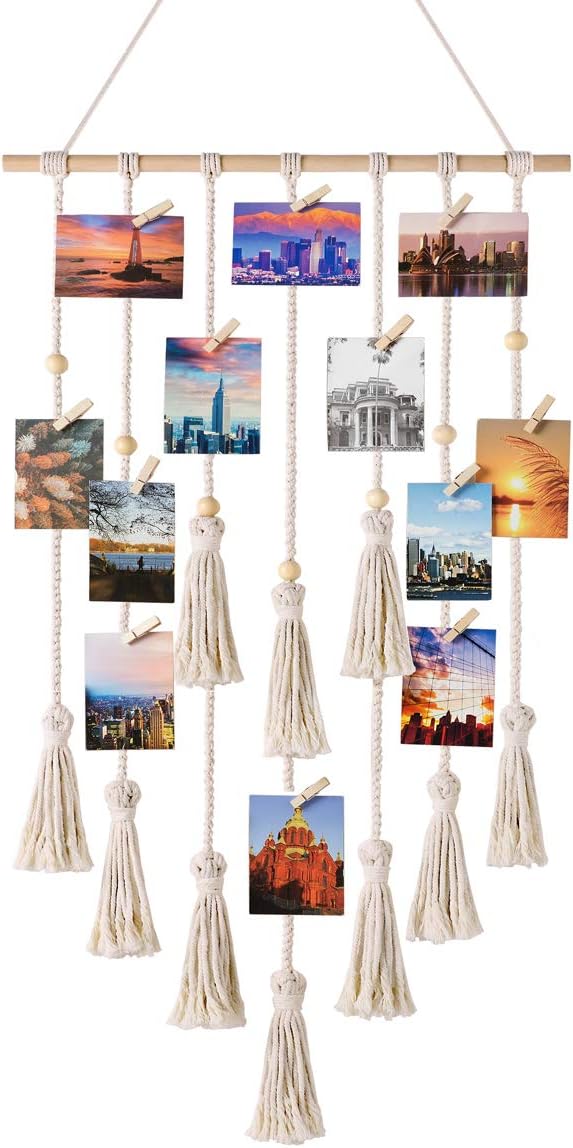 Mkono Hanging Photo Display Macrame Wall Hanging Boho Room Home Office Decor Teen Girl Women Gift Picture Frame Holder Wall Art for Birthday Party Bedroom Dorm, with 30 Wood Clips, Ivory