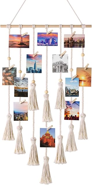 Mkono Hanging Photo Display Macrame Wall Hanging Pictures Organizer Boho Home Office Decor Wall Art Teen Girl Room Decor, with 30 Wood Clips, Gift for Christmas Birthday Holiday Party, Ivory