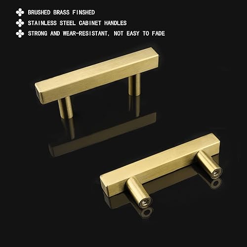 Miniatura 3 de Goldenwarm LS1212GD - Manijas para gabinetes y cajones de cocina, barra cuadrada en T, dorado, latón cepillado, 20 unidades, acero inoxidable