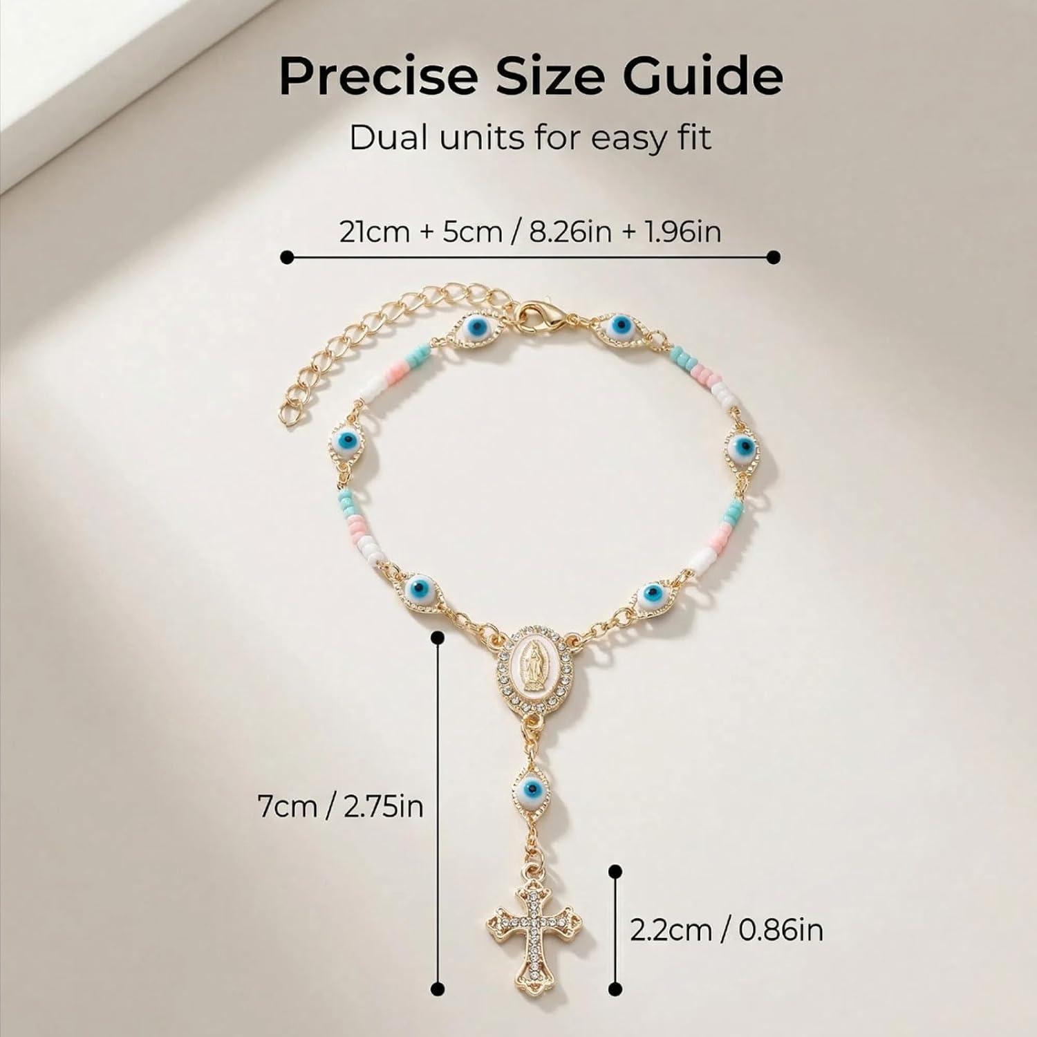 Car Rosary for Rearview Mirror,Evil Eye Rearview Mirror Auto Rosary Beads Car Medal and Cross Hanging Accessories for Mirror Interior Decors for Women Men