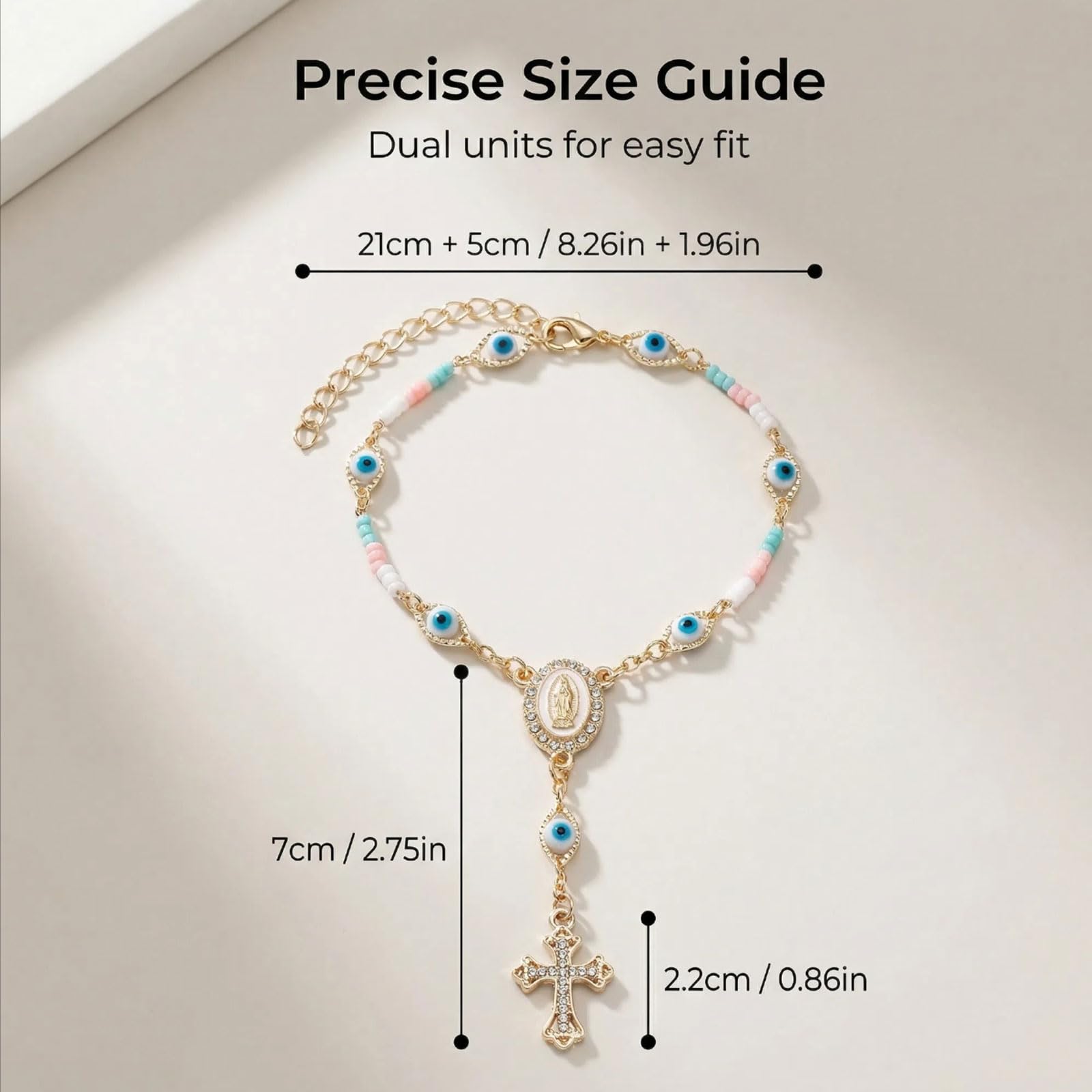 Car Rosary for Rearview Mirror Evil Eye Rearview Mirror Auto Rosary Beads Car Medal and Cross Hanging Accessories — view 2