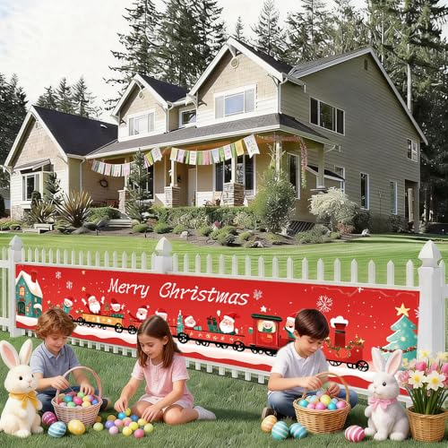 Image of Christmas Train Banner 78.7 x 17.7 Inch Santa with Gift Carriage Red Background Holiday Decoration for Yard Garden Fence Porch Patio or Outdoor Display Great for Christmas Party Scene and Winter Celebration